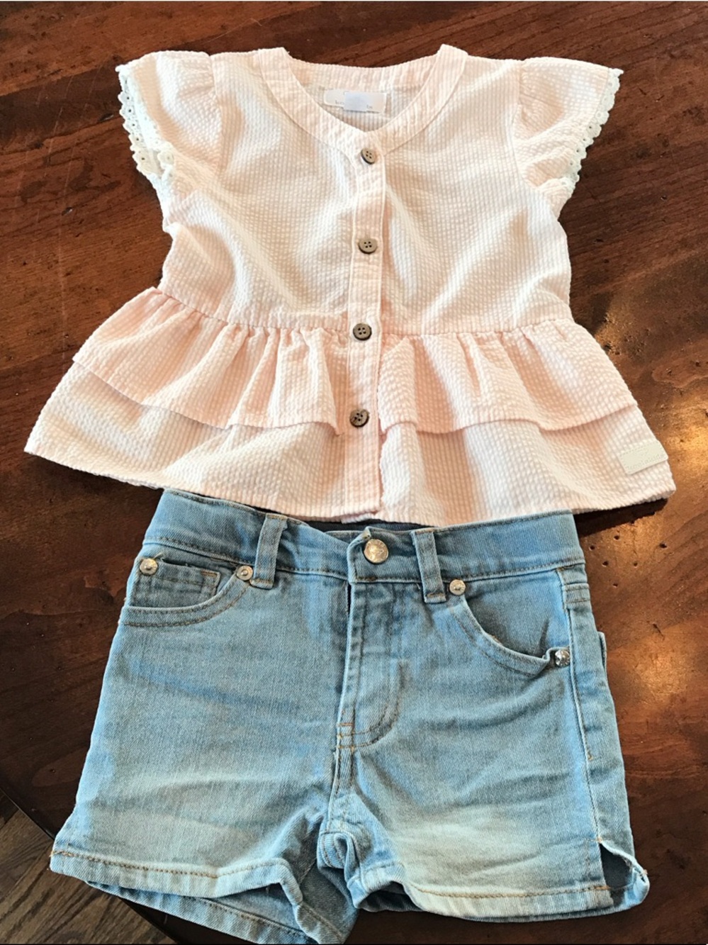 Koala Kids Light Blue Denim Shorts with a Pink and White Peplum Top